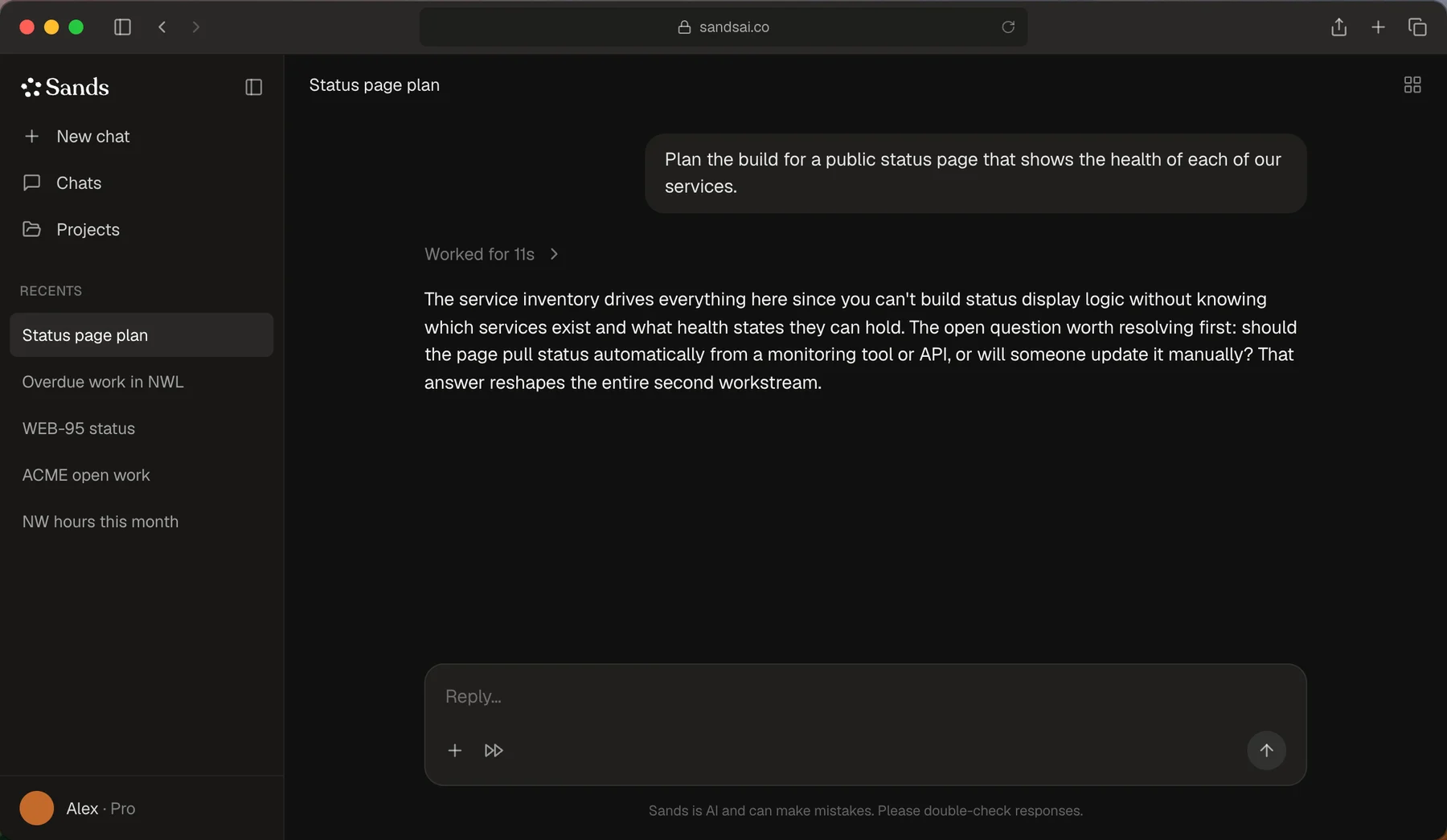 Sands with a project plan request: the run collapsed to Worked for 11s and the answer below it